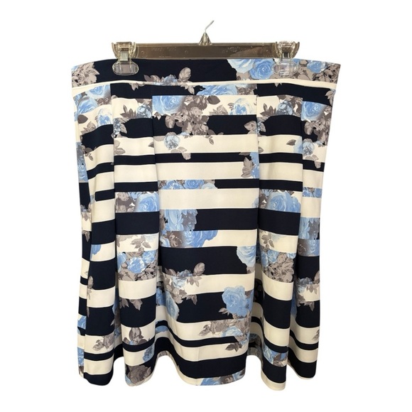 INC Blue Floral / Striped Knee-length Business Casual Circle Pleated Skirt Sz XL - Picture 1 of 8